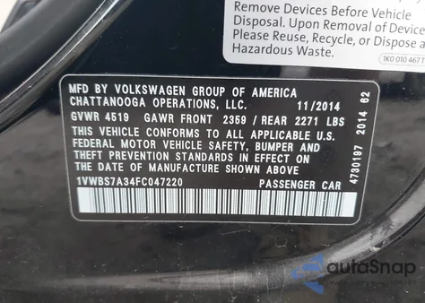 2015 Volkswagen Passat 1.8T Se из США, поврежденный, VIN 1VWBS7A34FC047220